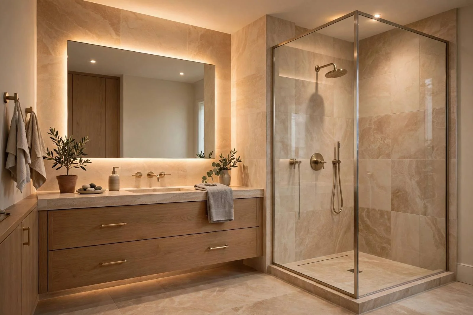 Baño con ducha acristalada, mueble de madera y espejo retroiluminado