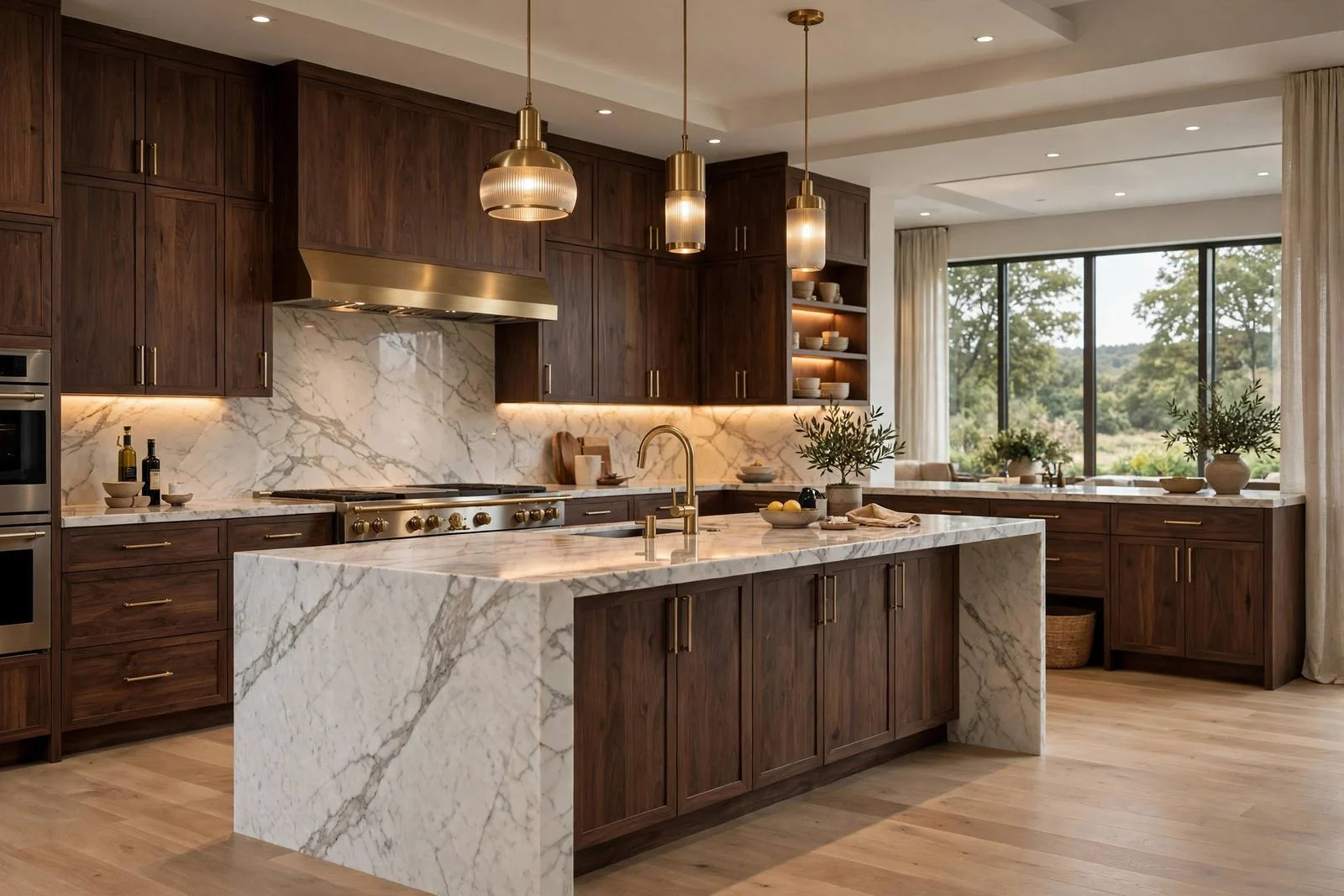 Cocina con muebles de madera oscura, isla de mármol claro y lámparas doradas